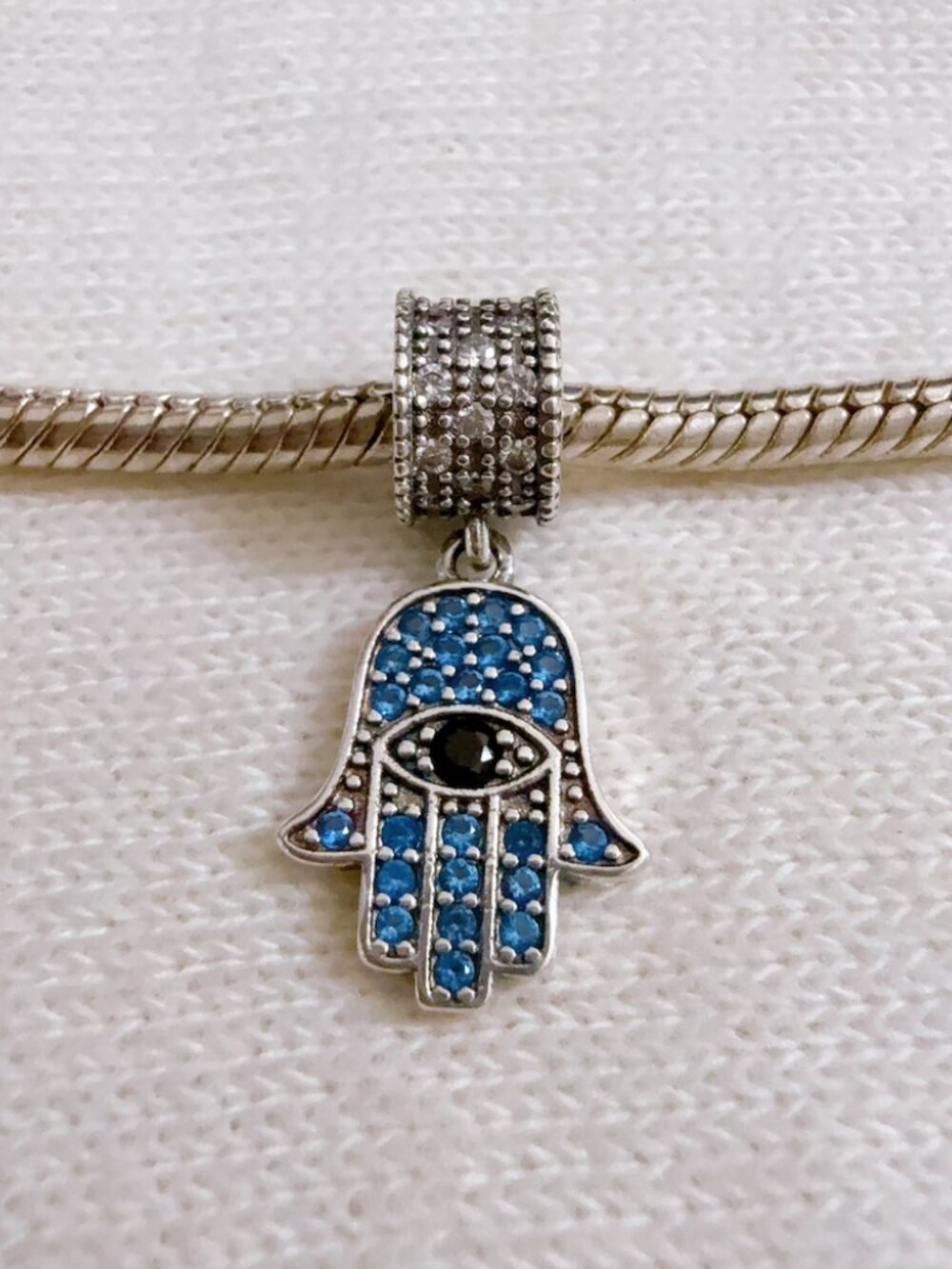 Blue Sparkling Hamsa Hand Dangle Charm Silver Charm For Pandora Bracelet